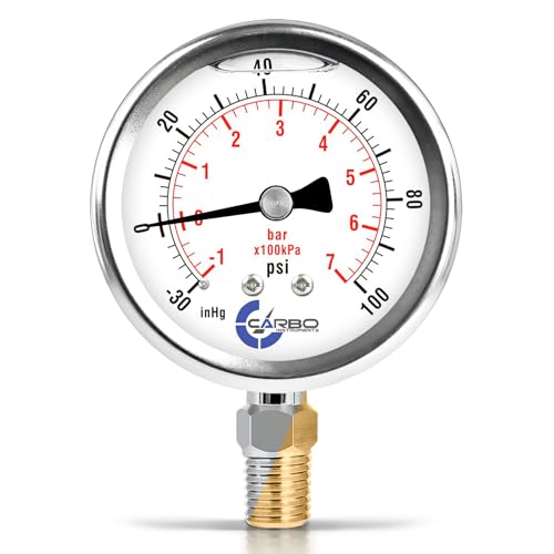 Compound Pressure Gauge -30 inHg to 100 PSI, Liquid Filled, 2.5" Dial, 1/4 NPT Lower Mount, 304 Stainless Steel Case, Brass Wetted Parts, PSI/inHg - ASME B40.1 Grade A - size: -30inHg / 0 / +100Psi, style: NIST TRACEABLE