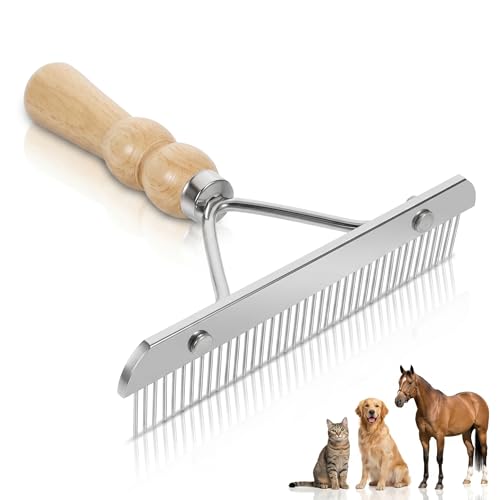 POPETPOP Horse Grooming Tool: Horse Mane and Tail Brush with Wood Handle - Combs for Pet Shedding, Dematting Brush Rake Comb for Sheep, Dog and Pet Grooming