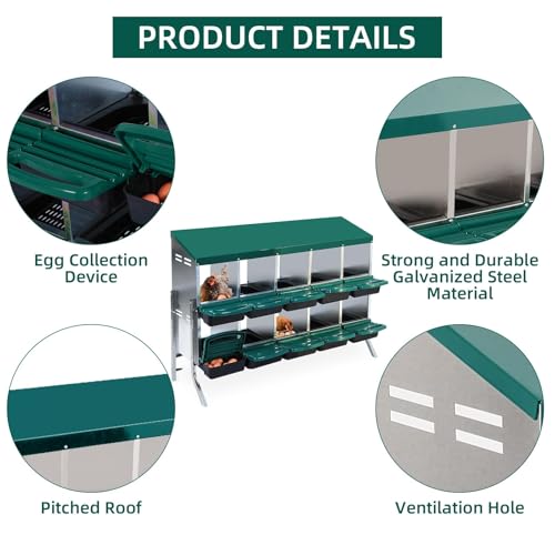 Chicken Nesting Box 10-Compartment – Roll Away Laying Boxes for Hens with Lid Cover & Egg Protection – Heavy Duty Red Poultry Nest Box - color: Green, size: 59.1"L x 23.6"W x 35.4"H