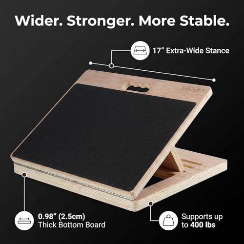 Swara 17″ Wide Wooden Slant Board for Calf Stretching & Squats, Foldable | Adjustable Calf Stretcher with Thicker Base, Foldable Wide Slant Board, Exercise Guide, Free Muscle Roller and 400lb Capacity - size: 14x17 Inch