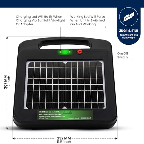 My Animal Command Solar Power Electric Fence Energizer Charger 0.5 Joules | Lithium Ion Battery, Containment, Protection, Livestock, Pet, Horses, Cattle, Sheep, Earthing rod included - size: MAC6ML 0.5 Joules