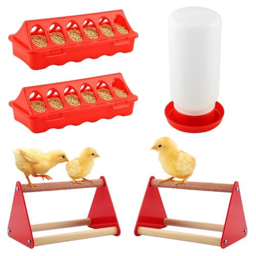 Chick Feeder and Waterer Kit with 2 Chick Perch Roost Bars | Flip Top Poultry Feeder, Chick Brooder Starter Kit, Baby Chicken Supplies for Chicks, Duck and Quail