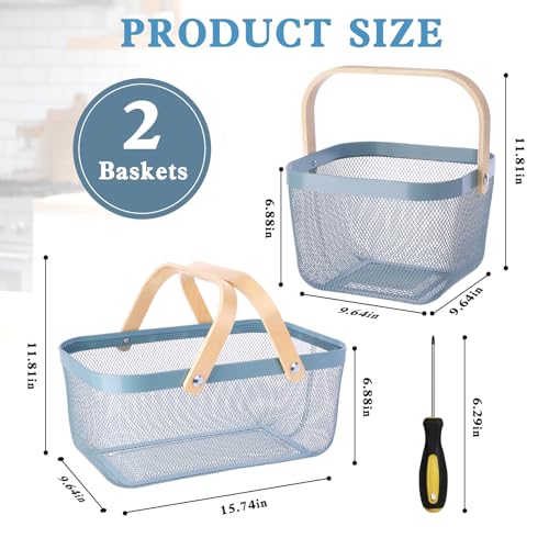 2 Pack Garden Harvest Basket, Metal Mesh Wire Picnic Basket with Handle | for Picnic, Vegetable Gathering, Fruit Picking, Kitchen Storage, Blue, Sturdy, Lightweight, Home Closet, Office, Gift. - color: Blue