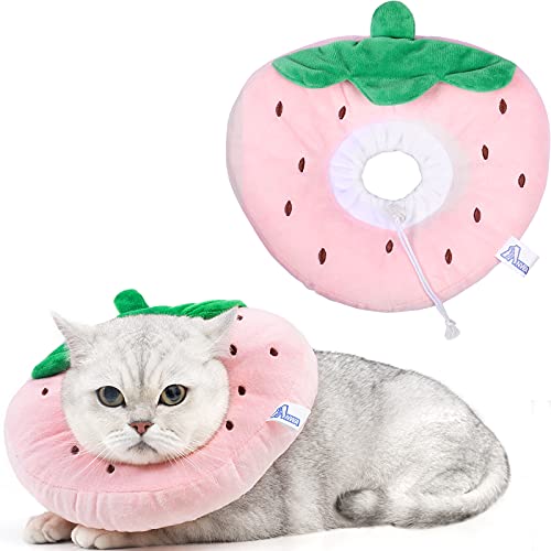 ANWA Adjustable Cat Cone Collar Soft, Cute Cat Donut Collar After Surgery, Kitten Recovery Cones to Stop Licking - color: Strawberry, size: Medium