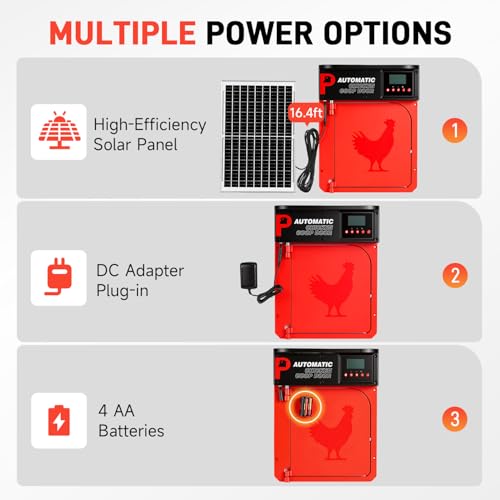 Automatic Chicken Coop Door with Solar Panel | Upgrade Door Opening, Anti-Pinch, Remote Control, Timer & Light Sensor, Weather Proof, 4 Modes, Easy Install - color: Red