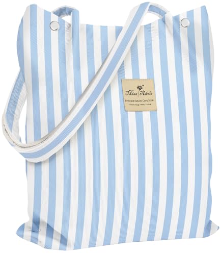 Miss Adola Corduroy Tote Bag for Women with Aesthetic Design | Magnetic Buckle & Pocket, Reusable, Soft, Roomy, Long Shoulder Handles, Double-sided Print, Casual Daily Work, Grocery Bags - color: Blue Stripe, size: Large