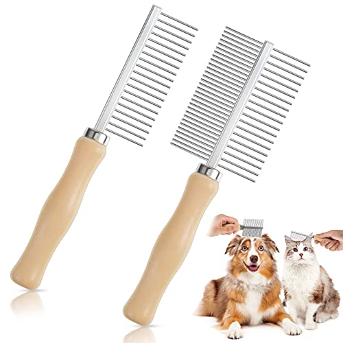 2 Pcs Dog Metal Combs Cat Wooden Handle Grooming Combs Stainless Steel Hairbrush Double Side Metal for Pet Dog Grooming Brush Pet Flea Hairbrush for Long Short Hair Fur Brush Tool