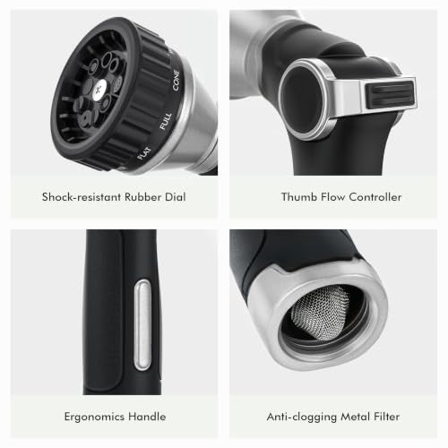RESTMO Water Hose Nozzle Heavy Duty, Garden Hose Sprayer Thumb Control | Premium Zinc Alloy Metal, 8 Spray Patterns, Flow Adjustable, for Outdoor Plants & Lawns Watering, Cars & Pets Washing, Silver - color: Silver
