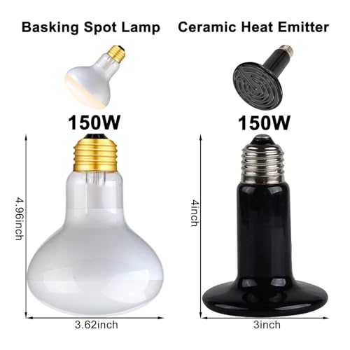 DXOPHIEX Dual Reptile Light Fixture Reptile Heat Lamp Fixture | 150W Intense Basking Bulb & Ceramic Heat Emitter, Double Dome Heat Lamp, For Lizard, Gecko, Bearded Dragon, Tortoise, Snake - style: 15inch with 150W Basking Bulb&Ceramic Heat Emitter