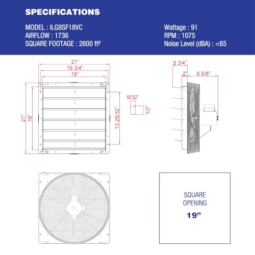 iLiving 18" Shutter Exhaust Fan with Wireless Smart Remote Controlled Thermostat and Humidity, Variable Speed Wall Mounted Attic Vent Fan, Chicken Coop Ventilation, 1736 CFM, 2600 SQF Coverage Area - size: 18 inches