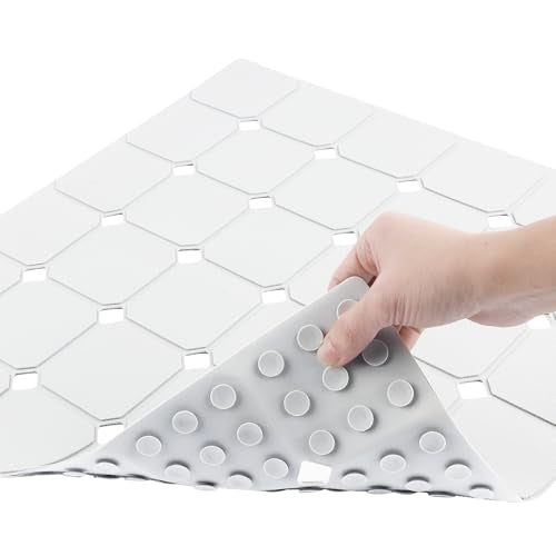 Shower Mat Non Slip 21"x21" Silicone Foldable Bath Mat with Suction Cups & Drain Holes, Odorless, Eco-Friendly & Durable, Machine Washable Shower Stall Mat for Adults, Seniors White - color: White
