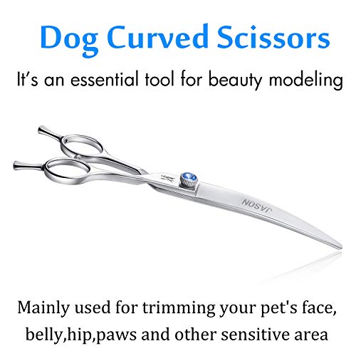 JASON Curved Dog Grooming Scissors - 7" Cats Trimming Shears Right Handed | Ergonomic Pets Shear with Offset Handle and a Jewelled Screw for Right Handed Groomers, Sharp, Comfortable, Gift - size: 7.0", style: Curved