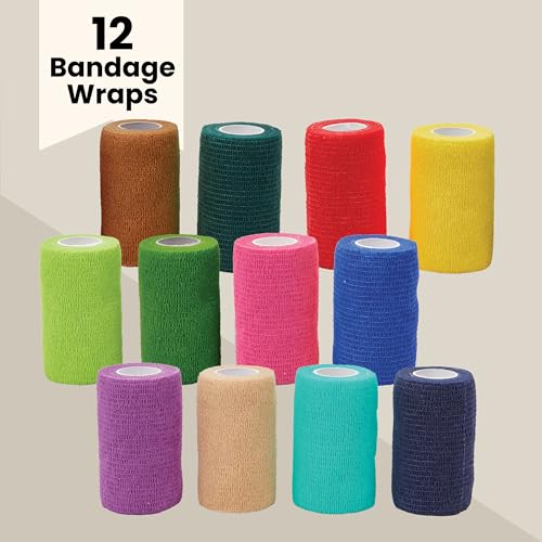 Juvale Cohesive Bandage Vet Wrap Rolls - Sprain & Strain Support Elastic Bandage & Vet Wrap for Dogs & Horses - Self-Adherent Dog Wound Care Tape - First Aid & Sports Tape - 12 Count, 4 in x 5 yd - size: 4 Inch x 5 Yards (12 Count)