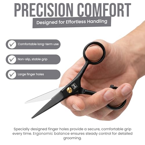 Beard & Mustache Scissors –5" Stainless Steel Grooming Kit with Case | Professional facial hair & beard trimming shear. Trims moustache, nose & eyebrows. Includes 2 mustache combs & travel pouch. - color: Black
