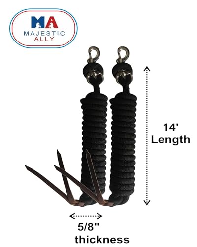 Majestic Ally 14' Pack of 2 Poly Training Lead Rope with Leather Popper for Horses & Livestock – 14 Foot Long and 5/8 inch Thick - Replaceable Heavy-Duty Bolt Snap (Navy-Blue-White) - color: Navy-Blue-White