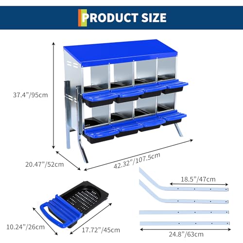 Chicken Nesting Box, Nesting Boxes for Chickens, 8 Compartments Chicken Laying Boxes with Lid Cover, Roll Away Nesting Box for Chickens Laying Egg to Protect Eggs, with Metal Bracket, Blue
