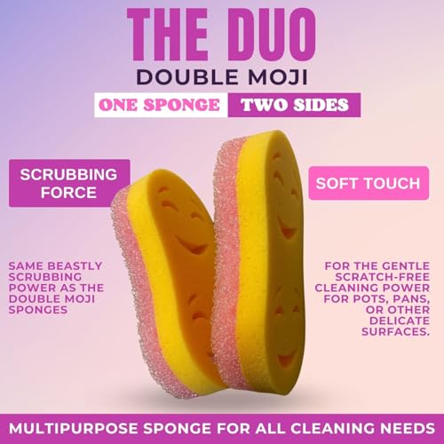 Smilyeez Double-Size Scrub Moji Duo Sponge 2-Pack – Dual Smiling Faces, Temperature-Responsive Scrubber – Scratch-Free, Odor & Stain Resistant - color: Pink Double Duo