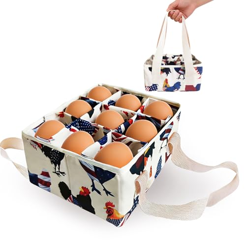 Eggs Collecting Basket, Durable Canvas Egg Basket with Plastic Board, 9-Pouch Chicken Egg Holder Bag for Gathering Fresh Eggs, Egg Gathering Basket and Multipurpose Chicken Holder Bag (American flag)