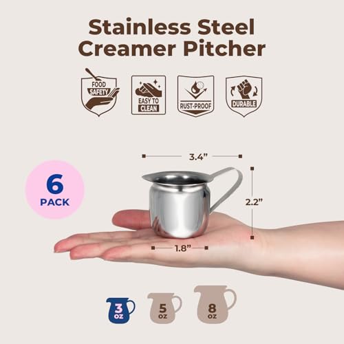 Fit Meal Prep [6 Pack] 3 oz Creamer Pitcher - Stainless Steel Bell Creamers, Mini Cup Container for Serving Milk, Coffee Cream, Salad Dressing, Maple Syrup, Espresso Machine for Restaurant, Cafes - size: 3 oz