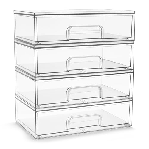 Sorbus Clear Stackable Storage Drawers (4 Pack, 12.1'' Wide) | Acrylic containers with pull-out bins keep cosmetics, brushes and daily items sorted on bathroom counters or in cabinets. - size: 4 Pack, 12.1’’ Wide