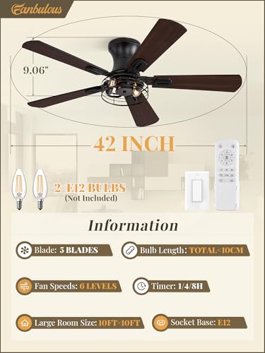 Fanbulous 42 Inch Farmhouse Rustic Caged Ceiling Fan with Lights, 2 Pack | Double-sided Color Blades , APP/Remote Control ,6-speed Wind & Reversible Function, Timer, Flush Mount, Black/ Walnut - color: Black and Walnut