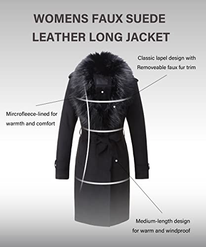 Bellivera Women's Faux Suede Leather Fleece Lined Trench Coat | Mid-length Winter Trendy Jacket Belted Sim Fit Outerwear with Detachable Faux Fur Collar - color: Black, size: Large