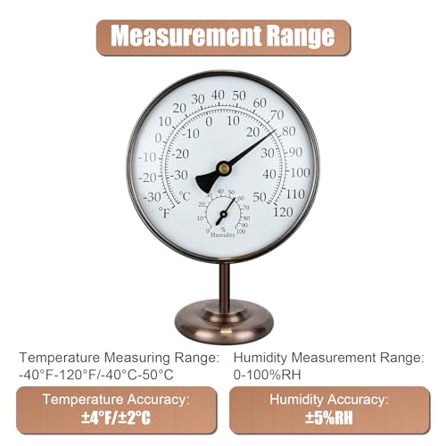 4 in Solid Brass Analog Outdoor Thermometer Hygrometer | Detachable Stand, Battery-Free, Rust & Weather Resistant, Calibratable, Large Clear Dial, Indoor Outdoor Home Patio Decor - size: 4 in