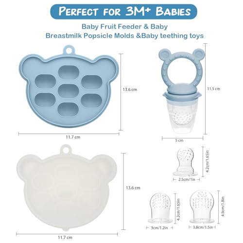 Baby Breastmilk Popsicle Molds & Fruit Feeder (2 Pack), Baby Food Freezer Tray Storage Containers, Silicone Teething Pacifier Feeder and Teether for Babies - Sky Blue - color: Q-Blue