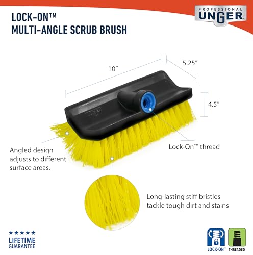 Unger Hydropower Lock-On 10" Bi-Level Scrub Brush | Dual-level bristles for deep scrubbing; ideal for garage, driveway, deck, concrete & brick - size: 10 inches (Pack of 1), style: Multi-Angle Scrub Brush
