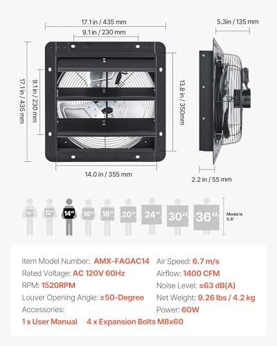 VEVOR 14 in Shutter Exhaust Fan Wall-Mount Automatic Louvers Variable Speed, Sturdy Steel Housing, Low Noise, AC Motor, 1802 CFM Ventilation and Cooling for Attic, Garage, Barn, Greenhouse, Workshop - size: 14 Inch Fan w/ Speed Controller