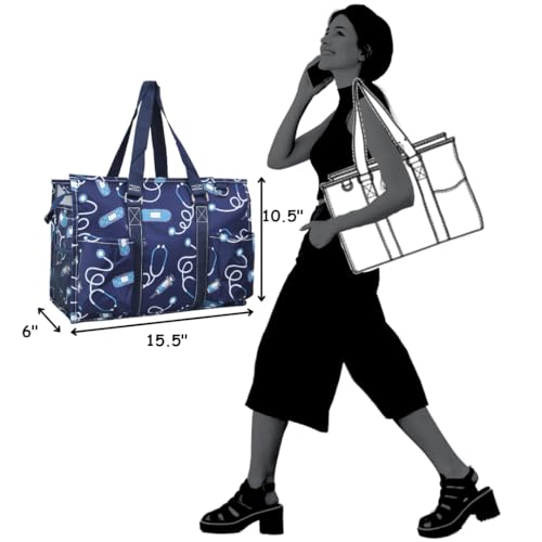 NGIL Utility Water Resistant Tote Bag | Work Tote for Women, Nurse Bag, Teacher's Choice Purse, Gym Bag, Everyday Organizer Top Zipper Closure - color: Blue Nurse-navy