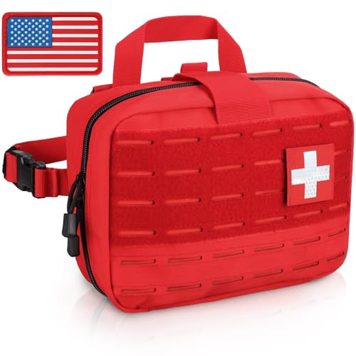 LIVANS Medical Bag, First Aid Bag Empty for Emergency & Trauma Kits | Molle Quick Release Design, Headrest Mount, Includes Flag and Cross Patch,Versatile for Tactical, Camping, Hiking and Travel - color: Red