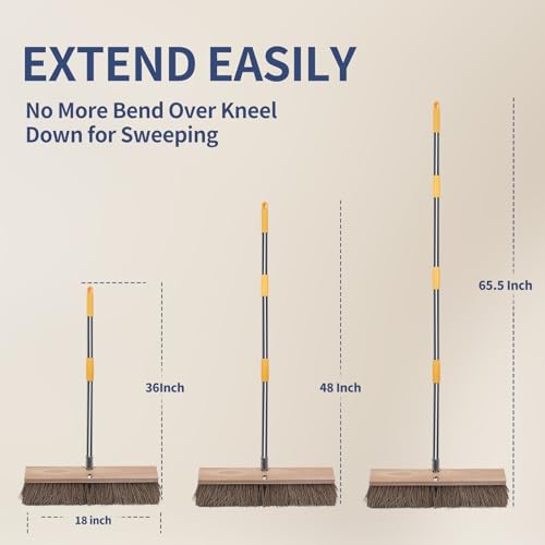 Heavy Duty 18" Push Broom with 65" Long Handle for Outdoor and Commercial | Large Wide Shop Broom, Stiff Palmyra Bristle Outside Broom Brush for Sweeping Concrete Floor, Garage, Patio, Yard, Lawn