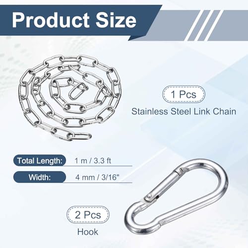 304 Stainless Steel Link Chain with 2 Hook (3/16" x 3.3 ft / 1 m x 4 Mm) - Utility Hanging Coil Chain Link Locking Pulling for Outdoor Fence Pet Dog - size: 3/16" x 3.3 ft(1 m x 4 Mm)