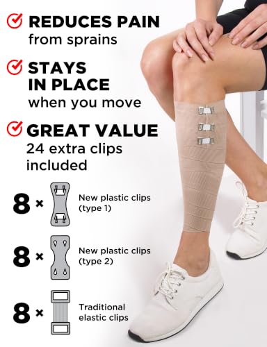 Premium Elastic Bandage Wrap - 8pk (4x3in, 4x4in) + 24 Extra Clips | Strong Compression Bandage Wrap for Leg, Arm, Wrists, Elbow, Ankles, Feet and Knees - for First Aid Kit and After Surgery - size: 8 Pack