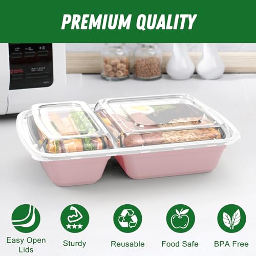 Dealusy 50 Pack 28 oz Meal Prep Containers with Lids 2-Compartment, Pink | Sturdy Leakproof & Food Safe, Microwave, Freezer, Dishwasher Safe Prep Containers, To Go Take Out Plastic Food Storage - color: Pink