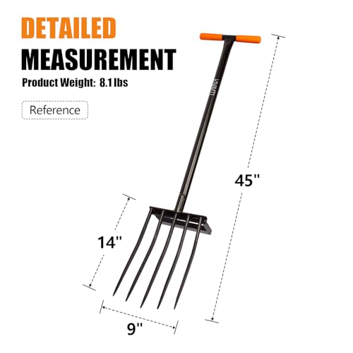 Heavy Duty Pitch Fork, 45-Inch Garden Fork with Strong Steel Tines, Long Handle Pitchfork for Gardening