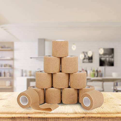 12 Pack Self Adherent Cohesive Wrap Bandages 2 Inches X 5 Yards,First Aid Tape, Elastic Self Adhesive Tape, Athletic, Sports wrap Tape, Bandage Wrap for Sports, Wrist, Skin Colour Athletic Tape - size: 12 Count (Pack of 1)