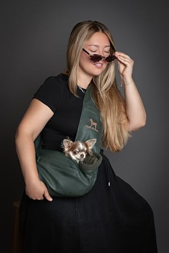 Noah & Paw Dog Sling Carrier for Small Dogs 3-10lb, Dog Sling for Small Dogs and Cats, Dog Carrier with Adjustable Padded Strap, Vegan Denim Lined with Fur, 3X Safety Features, Machine Washable - color: Dark Green, size: 15.0"L x 6.0"W x 5.5"H