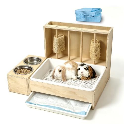 3 in 1 Rabbit Litter Box with Removable Hay Feeder, Separation Litter Box | Removable Hay Rack Feeder & Urine Waste Separation Bunny Toilet for Guinea Pigs, Chinchillas, Hamsters Rabbits - Less Mess
