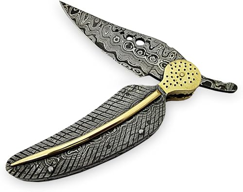 Poshland FN-31 Custom Handmade Damascus Steel Folding Knife- Beautiful Damascus/Brass Handle, Pocket knife - color: Blue Bell