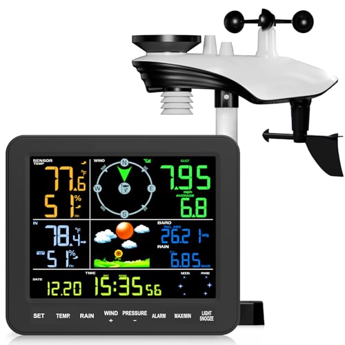 Home Weather Station with Rain Gauge and Wind Speed, Wireless Indoor Outdoor, Monitors Temperature, Humidity, Rainfall, Forecast, Moon Phase, and Alarm Clock for Garden Farm (No WiFi)