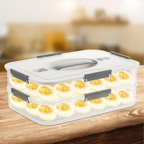 FMOACEN 2-Layer Deviled Egg Containers with Lid, 36 Slots Deviled Egg Tray Carrier with Lid Clear Eggs Storage Box Portable Egg Holder Platter with Handle for Easter Party Home Kitchen Supplies