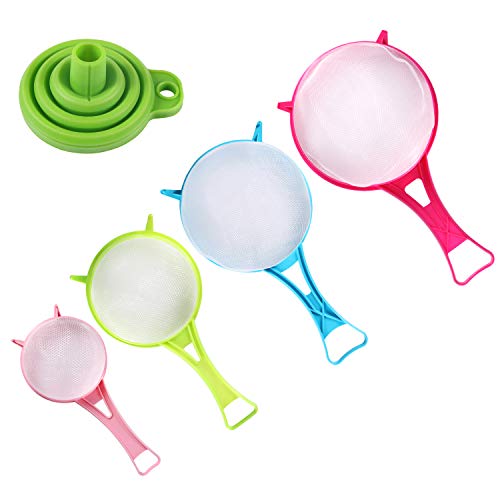 BENBO 4Pcs Plastic Mesh Strainer Colander Set, Food Soy Milk Flour Sieve Plastic Colander Strainer with Long Handle Icing Sugar Sifters Fine Strainer Tea Filter and Silicone Foldable Funnel
