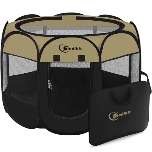 Siedihit Puppy Playpen for Small Dog Cat, Dogs Tent Crate Cage | Indoor/Outdoor, Portable Pop Up Dog Kennel with Carrying Bag for Rabbits(Black Khaki, Small) - color: Black Khaki