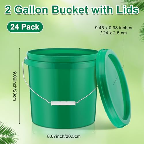 Tioncy 24 Pcs 2 Gallon Plastic Buckets with Lids and Handles,Green | Storage Pails for Paint, Cleaning, Organizing, Durable Containers, Metal Handles, Plastic Material - color: Green