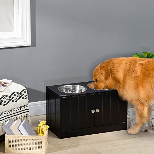 PawHut Large Elevated Dog Bowls with Storage Cabinet 44L Capacity Black | Raised Dog Bowl Stand, Pet Feeding Station - color: Black