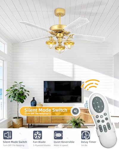 YOUKAIN 52-Inch Farmhouse Ceiling Fan with 3 Lights & Remote, Gold/Wood | 5 reversible blades, industrial-inspired gold and wood finish for indoor/outdoor use and covered patios