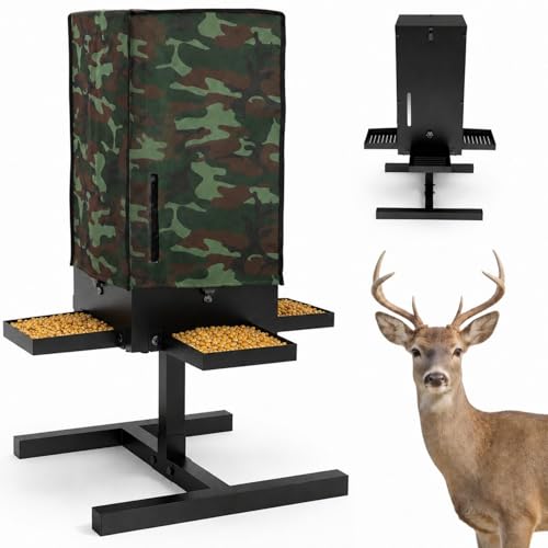 80 lbs Deer Feeder, Gravity Deer Feeder w/Adjustable Feed Outlet | 4 Feeding Tray, View Window, Weatherproof Camo Cover, Metal Deer Feeders for Woodland, Farm, Ranch & Hunting Grounds