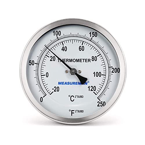 MEASUREMAN Fully Stainless Steel Pot, Kettle, Brewing Bimetal Dial Thermometer, 3" Dial, 6" Stem, 0-250 deg F/-20-120 deg C, -1% Accuracy, Adjustable, 1/2" NPT Back Mount - size: 3" Dial, 6" Stem, 0-250 deg F/-20-120 deg C, style: 6" Stem